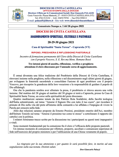 Comunicato Stampa n. 1 del 26 giugno 2021